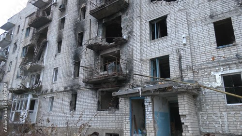 A destroyed high-rise building during hostilities in the Kharkiv region of Ukraine