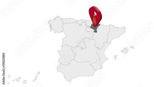 Location Navarre on map Spain. 3d Navarre flag map marker location pin. Map of Spain showing different parts. Animated map Autonomous communities of Spain. 4K.  Video photo
