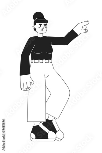 Woman in casual clothes and sneakers showing direction monochromatic flat vector character. Editable thin line full body person on white. Simple bw cartoon spot image for web graphic design, animation