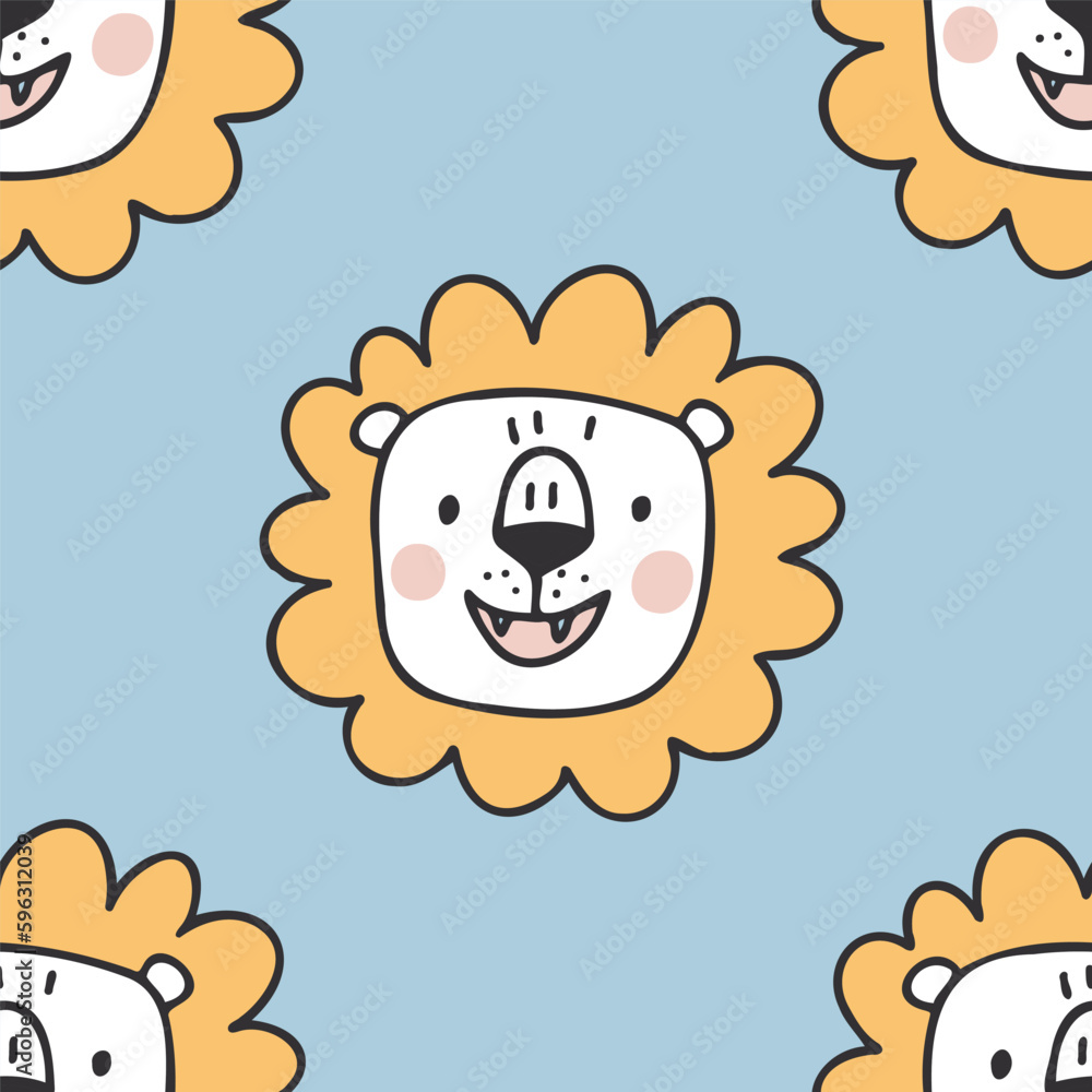 Lion seamless pattern. Hand drawn cute background
