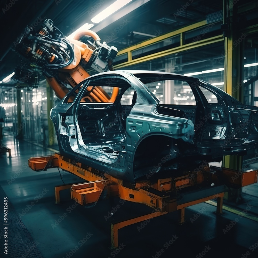 Automated robot arm on the car production line welds the car body at the car factory. Futuristic car. Generative AI