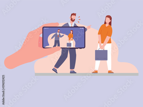Bullying at workplace evidence and video footage of bullying and harassment at office work shooting video on mobile. CCTV, smartphone for video surveillance. Hand holding phone with rooms on screen.