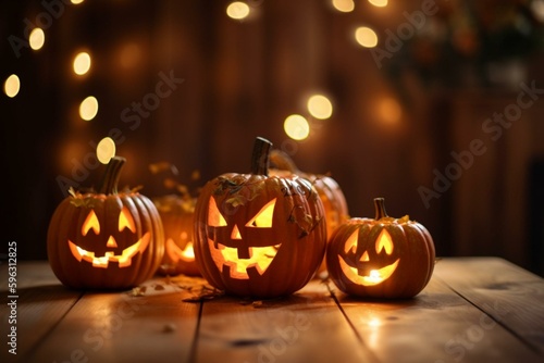 Bokeh background and Jack-o-lanterns on wood for a Halloween party. 3D art. Generative AI