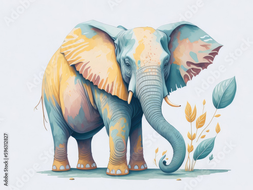 cute elephant on the grass in watercolor style