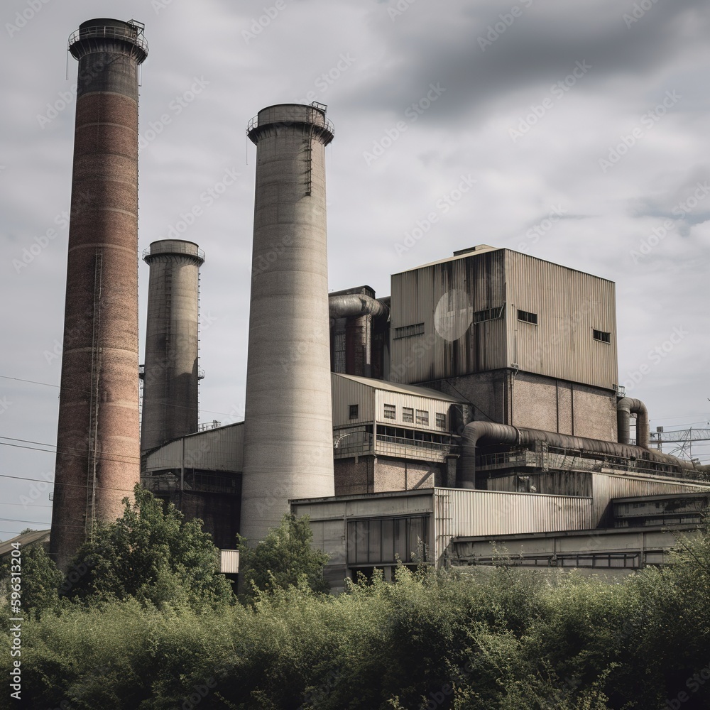 Chimneys and silos of a factory. Generative AI Chimneys and silos of a factory. Generative AI