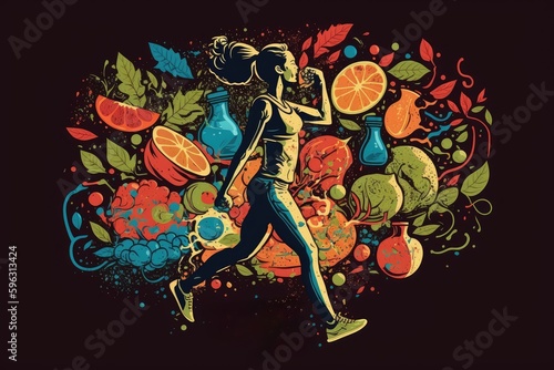 Woman running with fruits and vegetables in the background