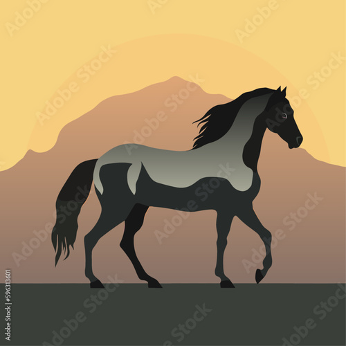 Silhouette horse, landscape, vector illustration