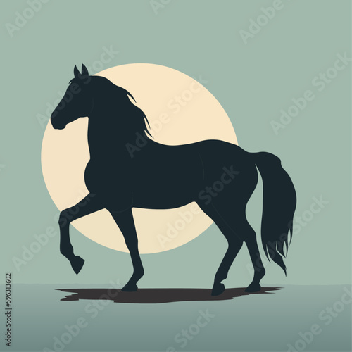 Silhouette horse, landscape, vector illustration, green background