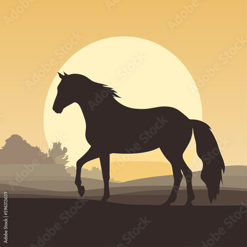Silhouette horse  landscape  vector illustration