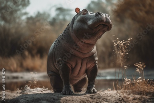 A graceful hippopotamus standing on its hind legs. Generative AI