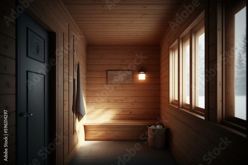 Empty interior of traditional Finnish sauna room. Modern wooden spa therapy cabin with window and winter landscape, Generative AI © Liliia