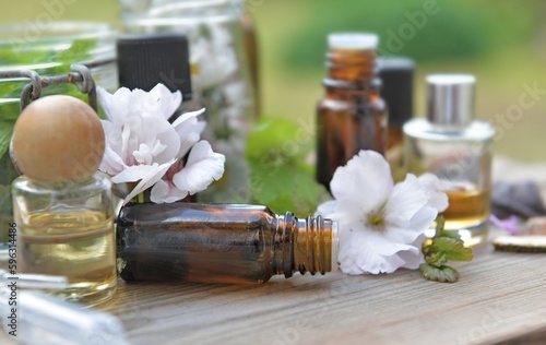 bottles of essential oil with plant and flower  on a wooden table in garden
