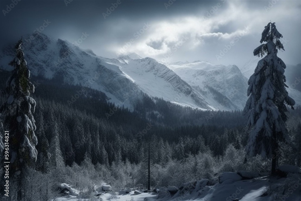 Snowy mountain scenery surrounded by trees. Generative AI