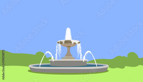 horizontal landscape with a fountain. image for the background in a realistic style vector. jet fountain. scene in the park. square with fountain. landmark wallpaper. Jets of water against the sky