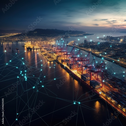Distribution and transportation via global logistics network on container cargo ship harbor Intelligent logistics  Industry. Generative AI
