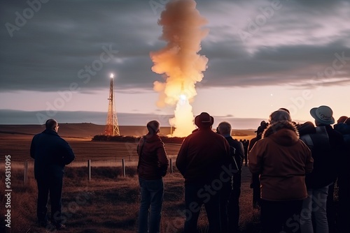 A group of people watch a rocket launch into space on the horizon, Generative AI.