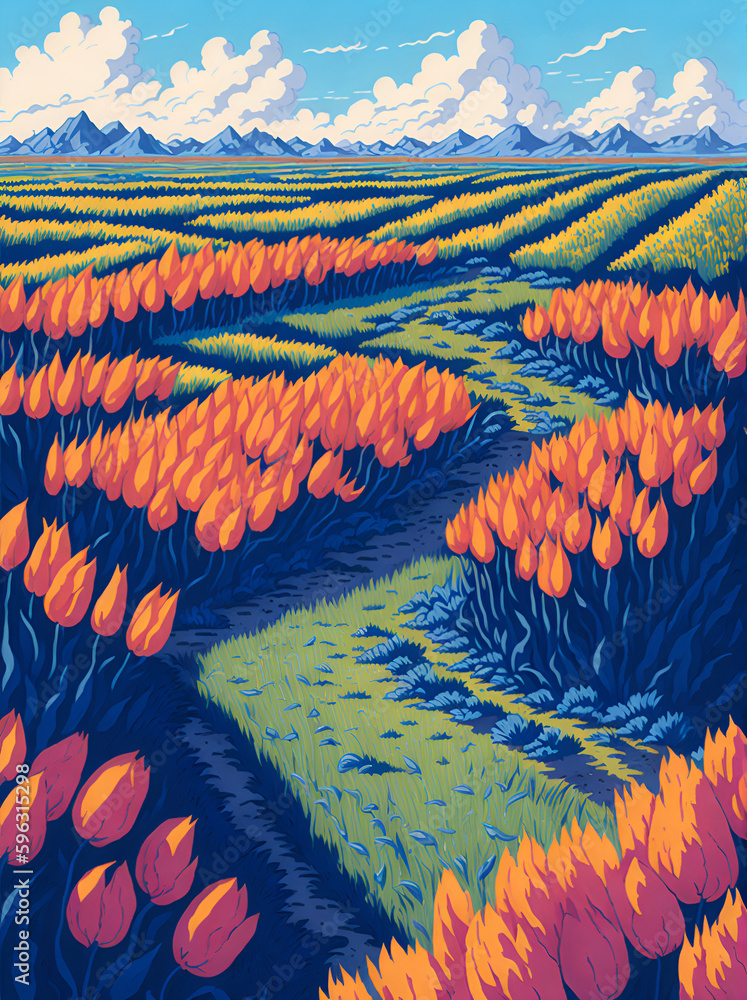 Tulips field landscape. AI generated illustration Tulips field landscape. AI generated illustration