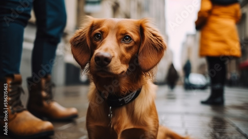 Closeup portrait of a dog standing on footpath in the city. Urban pents concept. Generative AI
