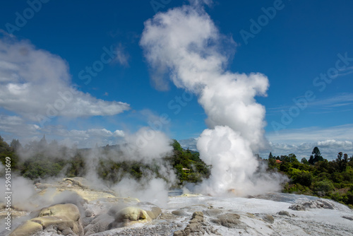 Pohutu Geyser in the Whakarewarewa Thermal Valley, Rotorua, in the North Island of New Zealand. The geyser is the largest in the southern hemisphere and among the most active in the area