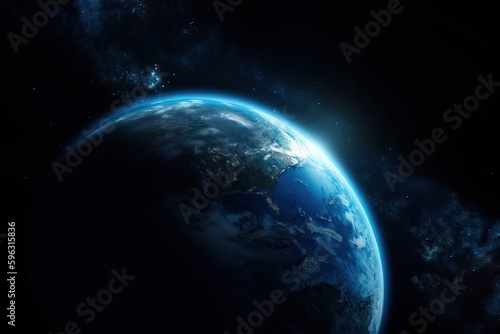 View of blue planet earth in space, earth's atmosphere and black space around, generative AI.