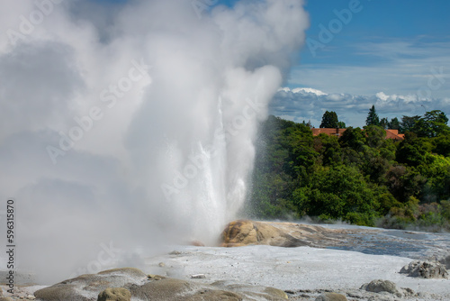 Pohutu Geyser in the Whakarewarewa Thermal Valley, Rotorua, in the North Island of New Zealand. The geyser is the largest in the southern hemisphere and among the most active in the area