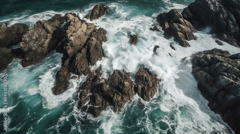 Waves crashing into rocks on a sea shore, created using Generative AI technology