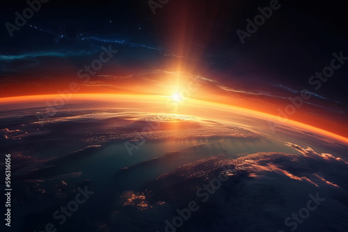 Planet earth and the moon and sun on its horizon, generative AI. © Niko_Dali