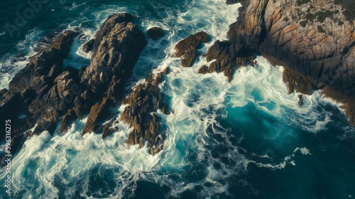 Waves crashing into rocks on a sea shore, created using Generative AI technology