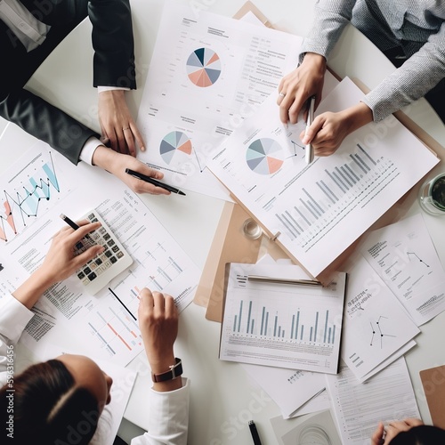 business people working in office and analysis of chart, statistics and digital graph analytics. Diversity team, planning strategy and review data report. generative ai