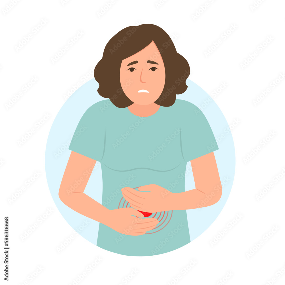 Woman with stomach ache touching belly. Abdominal pain. Appendicitis, painful menstruation, food poisoning, diarrhea. Vector illustration. Woman with stomach ache touching belly. Abdominal pain. Appendicitis, painful menstruation, food poisoning, diarrhea. Vector illustration.