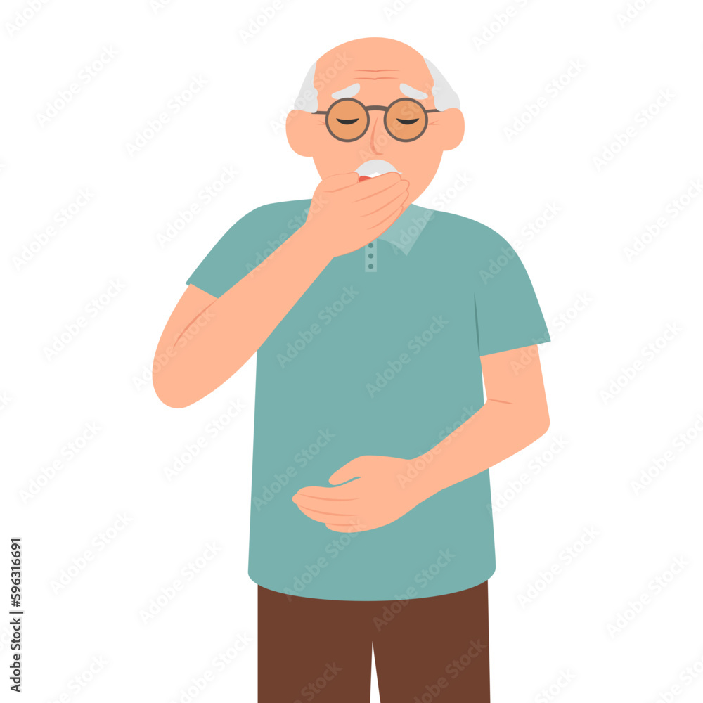 A senior man suffers from nausea and abdominal pain. Vomiting and diarrhea. Unhappy suffering senior holding his hands on his belly.Flat vector illustration A senior man suffers from nausea and abdominal pain. Vomiting and diarrhea. Unhappy suffering senior holding his hands on his belly.Flat vector illustration