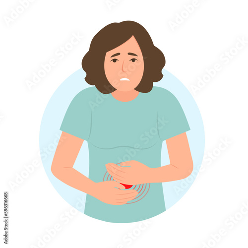 Woman with stomach ache touching belly. Abdominal pain. Appendicitis, painful menstruation, food poisoning, diarrhea. Vector illustration.