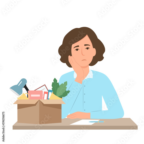Firing from a job. Job cuts. Dismissal employee.  Sad female office worker sitting at the desk. Unemployment and Jobless concept. Flat vector illustration