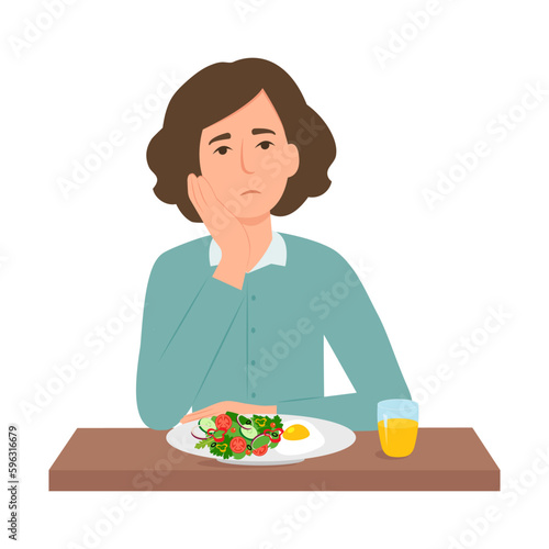 Woman suffers from lack of appetite. Girl isn't  hungry. Female unable to eat. Anorexia, eating disorder.Vector illustration