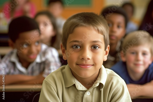 Portrait of boy at his desk in multi-ethnic children's class. Generative AI