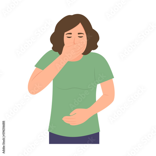 Woman suffering from vomit and closing mouth.Symptom of illness, health problems. Poisoning,Abdominal pain.Isolated flat vector illustration