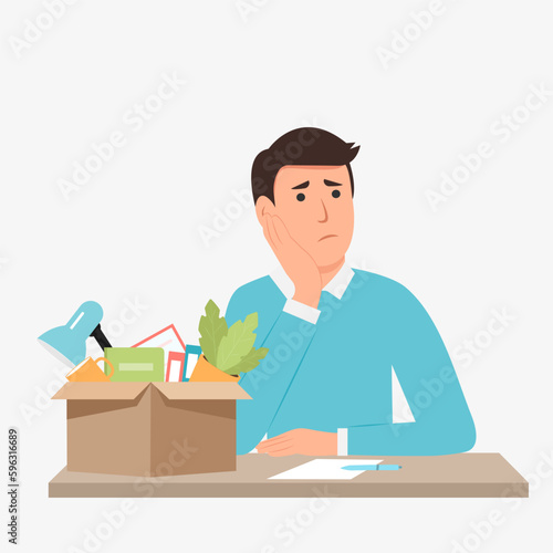 Dismissal employee.Firing from a job.  Sad male office worker sitting at the desk. Unemployment and Jobless concept. Flat vector illustration