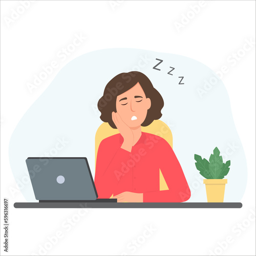 Tired business woman sleep on workplace. Office worker taking a nap at desk. Overwork,fatigue. Vector illustration.