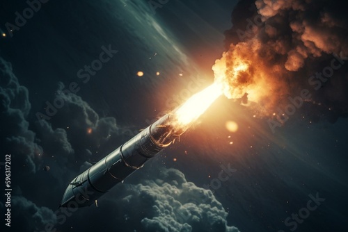 Digital image of a rocket powered by nuclear energy flying through space. Generative AI