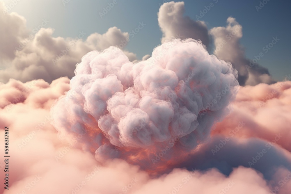 A pastel pink heart in realistic 3D clouds, perfect for a Valentine's Day postcard or love wallpaper. Artistic and abstract. Generative AI