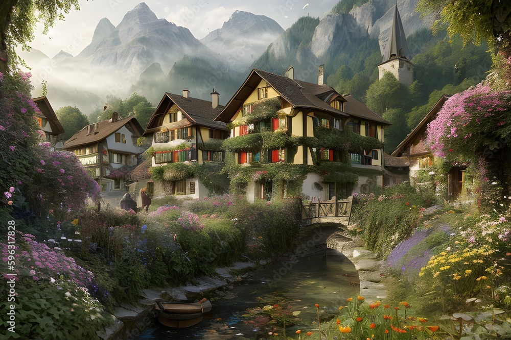 a medieval village in Switzerland, mess jungle in background, ornate, beautiful, atmosphere, vibe, flowers, by Generative AI a medieval village in Switzerland, mess jungle in background, ornate, beautiful, atmosphere, vibe, flowers, by Generative AI