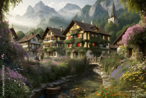 a medieval village in Switzerland, mess jungle in background, ornate, beautiful, atmosphere, vibe, flowers, by Generative AI