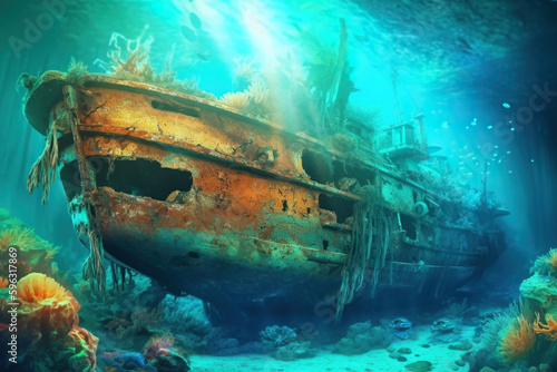Ship Wreck Under a Tropical Colorful Clear Sea, Generative AI