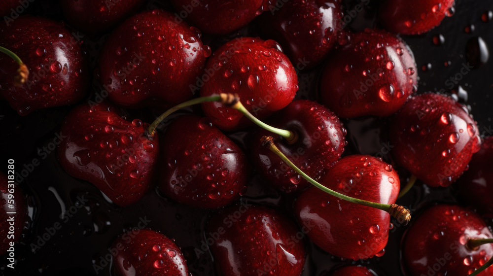 Fresh cherry with drops of water on a dark background. Photorealistic illustration generative AI. Fresh cherry with drops of water on a dark background. Photorealistic illustration generative AI.