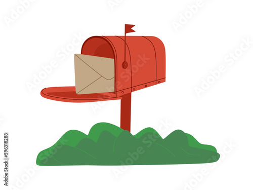 Open mailbox with an envelope in a flat style. paper letter in outdoor post box or postal letterbox isolated on white background. Flat cartoon vector illustration