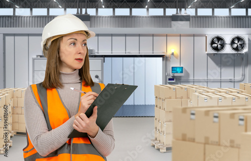 Warehouse worker woman. Gir...