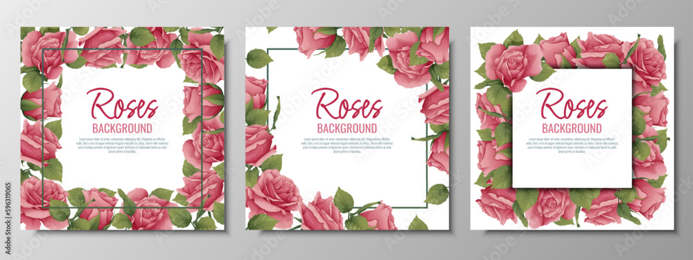 Naklejka premium Set of postcards with roses. Border, frame with pink flowers and green leaves. Background with botanical elements. Vector illustration.