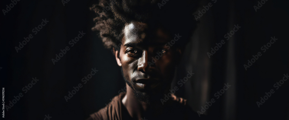 Handsome portrait of black man smiling. Afro American portrait with black background. Generative Ai.