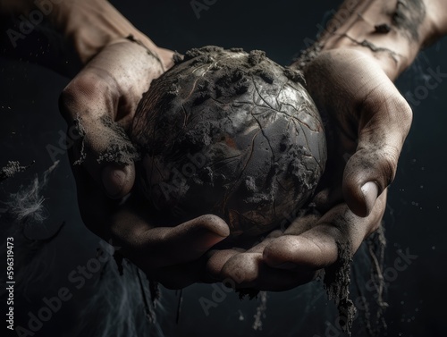 Zwei Hände halten unseren zerstörten Planeten Erde. Zusammen gegen die Zerstörung, Rettung und Hoffnung für unseren Planeten, Generative AI