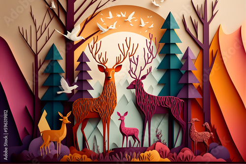 Abstract colorful forest with a trees  deers and birds made of paper. Generative AI